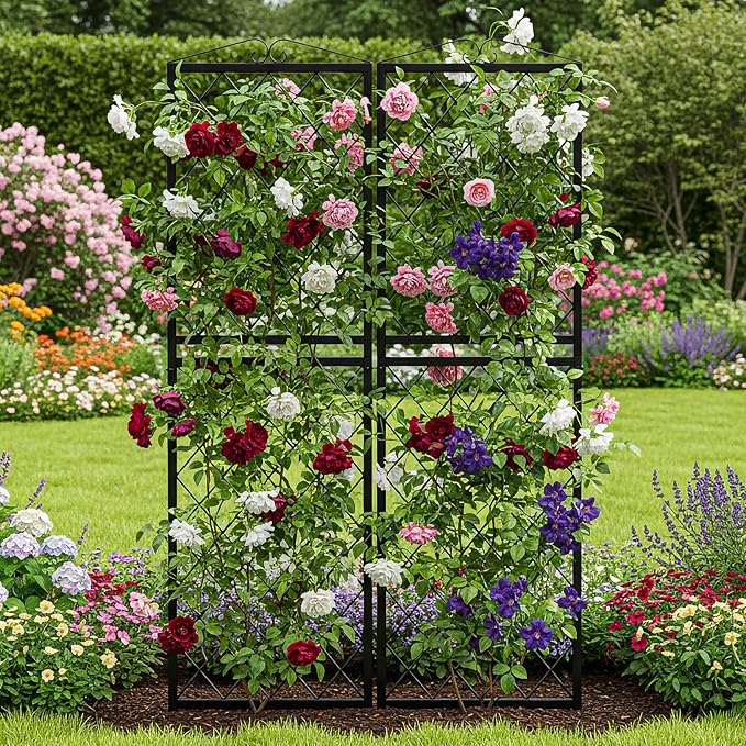 DoCred 2 Pack Garden Trellis for Climbing Plants 71 Inch Metal Plant Trellis for Plant Support Large Decorative Outdoor Trellis for Climbing Vegetable Flower Rose Vine Cucumber Black Rhombus Grid