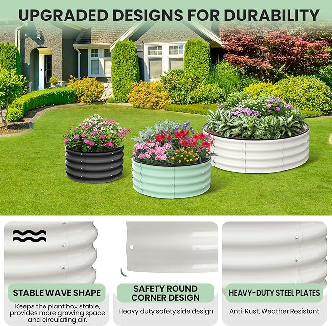 2 - Pack Round Galvanized Raised Garden Bed - 2FT/3FT/4FT Sizes - Outdoor Flower &amp Vegetable Bed - Heavy - Duty &amp Open - Bottom Design 2x2FT