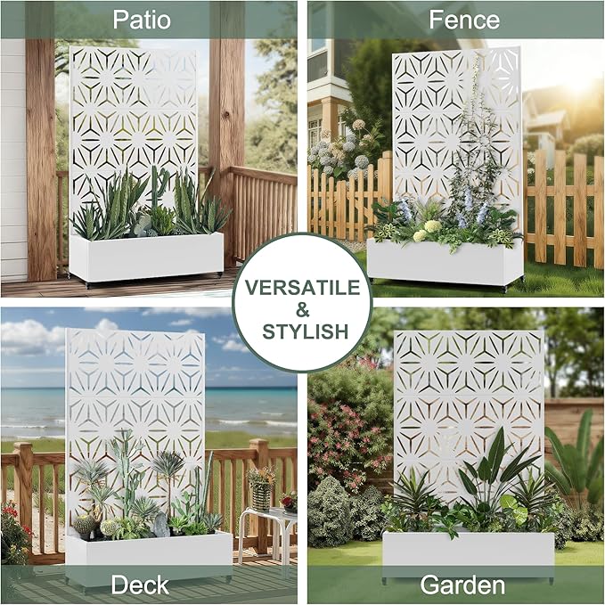 Metal Planters Box with Trellis &amp Privacy Screen for Patio Large Raised Garden Beds with Drainage Holes &amp Wheels 47 L×16 W×71 H Standing Flower Beds with Trellis (White Star)