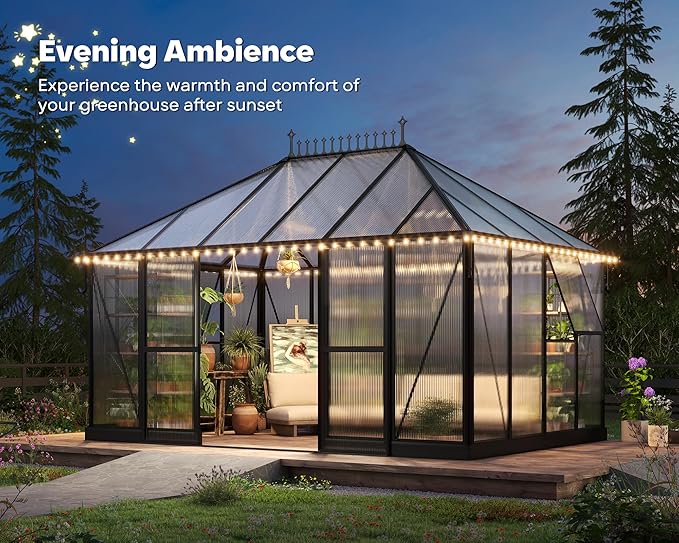 14×9.7×10 FT Greenhouse for Outdoors with 6 ft Double Swing Door &amp 2 Vents Heavy Duty Green House with Aluminum Frame for Outside Patio Backyard Garden