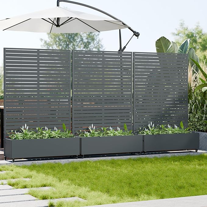 Casaphoria Metal Raised Garden Bed with Trellis and Wheels 72x47x16 Planter Box for Climbing Plants Vegetables &amp Vines Features Drainage Holes and Privacy Screen Drakgrey-Louvered
