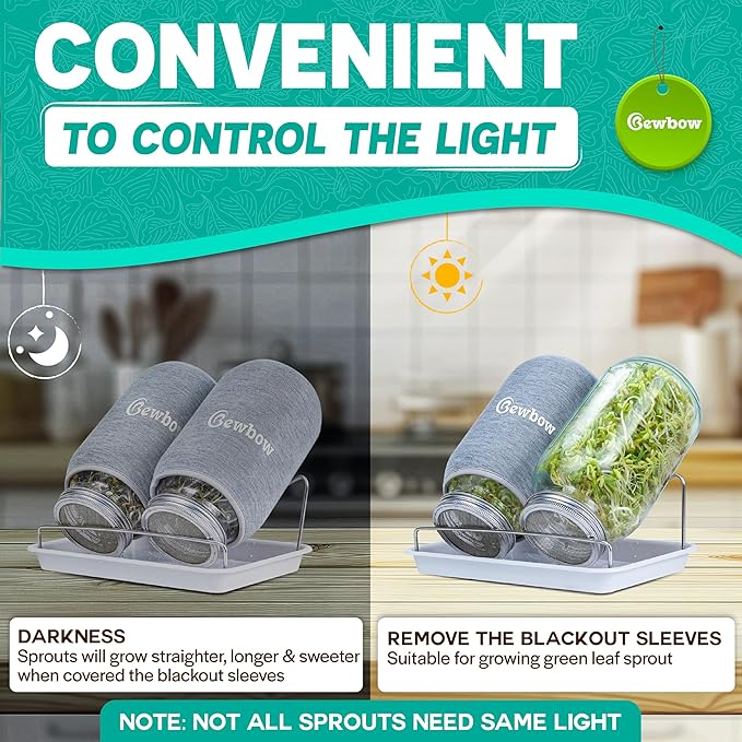 [LARGE SIZE] 2000ml(68oz) Seed Sprouting Mason Jar Kit with StandDrain Tray Screen LidsBlackout SleevesGood Ventilation &amp Drainage CapacityGrowing Fresh Organic Mung BeansBroccoli &amp Micr