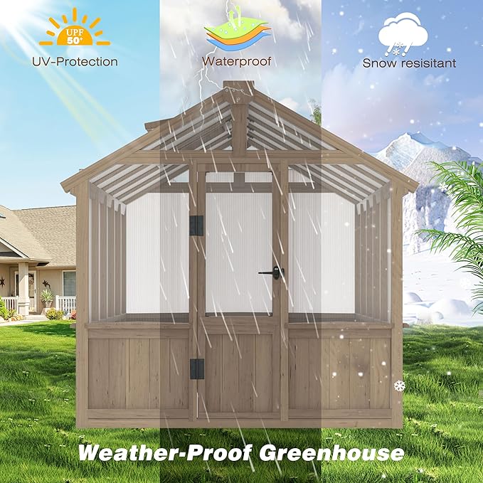 VEIKOU 6' x10' Wood Greenhouse for Outdoors with Lockable Door Cedar Frame &amp Adjustable Vent Wooden Green House with 6MM Thick Polycarbonate Panel for Garden Yard Light Brown Mocha