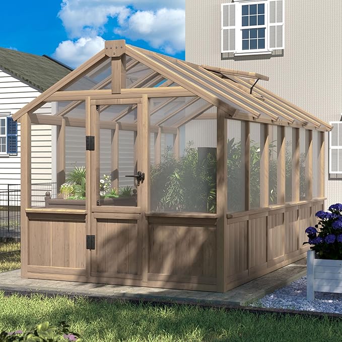 VEIKOU 6' x12' Greenhouses for Outdoors Wooden Greenhouse with Cedar Frame &amp Adjustable Vents  Wood Green House with 6MM Thick Polycarbonate Panel for Garden Backyard Light Brown Mocha