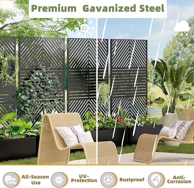Casaphoria Metal Raised Garden Bed with Trellis and Wheels 72x47x16 Planter Box for Climbing Plants Vegetables &amp Vines Features Drainage Holes and Privacy Screen Black(Parallel&ampLouvered