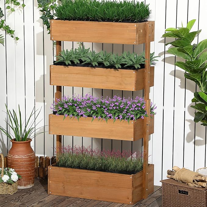 Vertical Garden Planter Wooden 4 Tier Planter Box Self Draining with Non Woven Fabric for Outdoor Flowers Vegetables and Herbs Orange