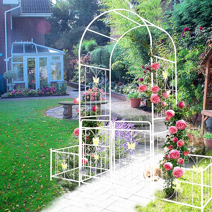 86''H Metal Garden Arch Rustproof Garden Arbor Trellis with Two Plants Stand and Gate 0.63'' Dia Galvanized Tube Plant Trellis for Climbing Plants Rose Jasmine (Cream White)