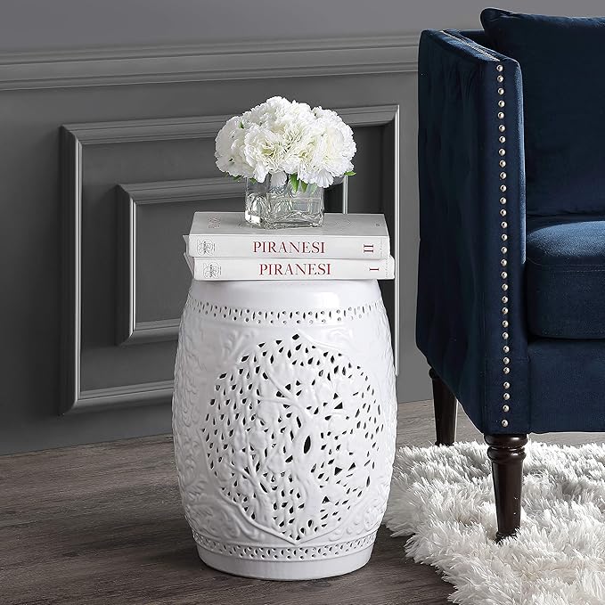 Eyely LBT1002A Tree of Life 18 Ceramic Garden Stool White for Coastal Contemporary Transitional