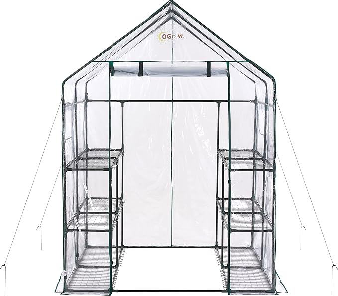 Machrus Ogrow Deluxe Walk-in Greenhouse with 3 Tiers and 12 Shelves - Clear Cover
