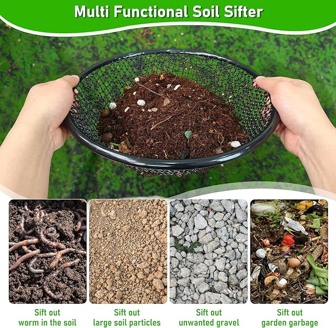 4Pcs 11.8 W Soil Sifter for Gardening 2468mm Grid Rock Sifter for 5 Gallon Bucket Stainless Steel Fine Dirt Sifter Compost Sifter for Capturing Dirt Sand Rocks and Filtering Compost (Black)