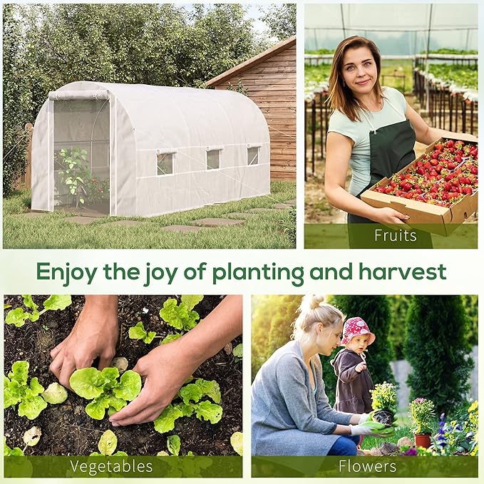Outsunny 14.6' x 6.6' x 6.6' Walk-in Tunnel Greenhouse Large Garden Hot House Kit with 6 Roll-up Windows &amp Roll Up Door Steel Frame White