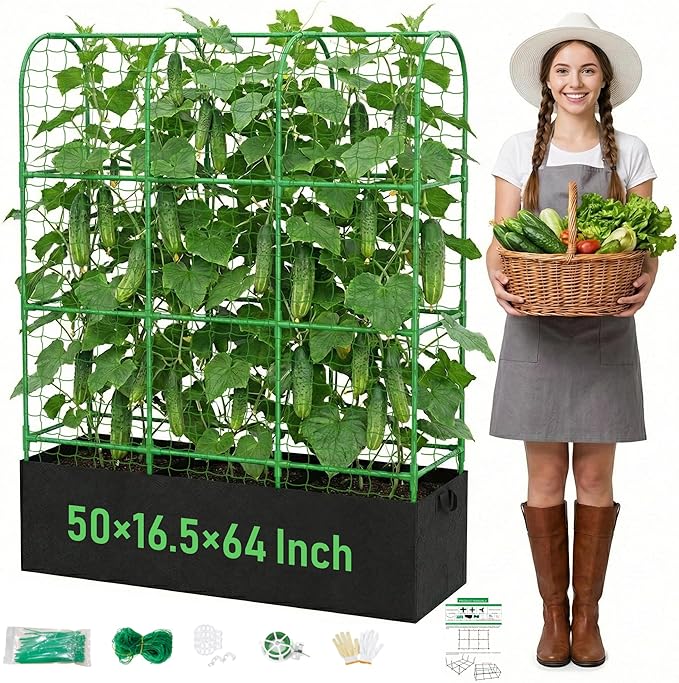 U-Shape Cucumber Trellis with Grow Bag 64 Tall Metal Garden Trellis for Climbing Plants Outdoor Reusable Cucumber Trellis for Raised Bed with Garden Netting for Tomatoes Peas Plant Vines Support