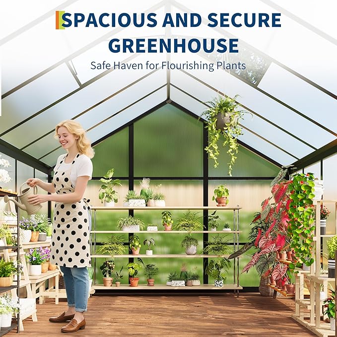 6x8 FT Greenhouse for Outdoors Polycarbonate Greenhouse with Roof Vent Ground Nails Lockable Push Door Aluminum Large Walk-in Green House for Outside Garden Backyard Patio Lawn Black