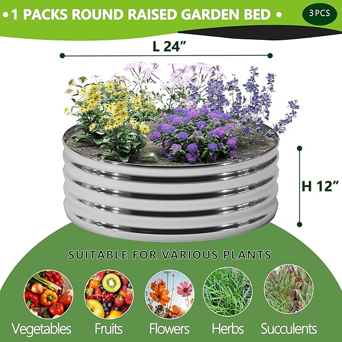 3PCS 2x2x1FT Galvanized Raised Garden Bed KitVegetable Boxes-Round Metal Flower BoxLarge Planter Raised Beds Outdoor Garden for PlantingFruitHerb-Silver
