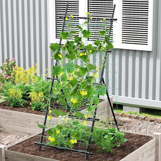 Happygrill Trellis for Climbing Plants Outdoor Cucumber Trellis w/PE-Coated Frame Trellis Net Fixing Clips Zip Ties A-Frame Sturdy Metal Plant Support for Tomato Grape Clematis