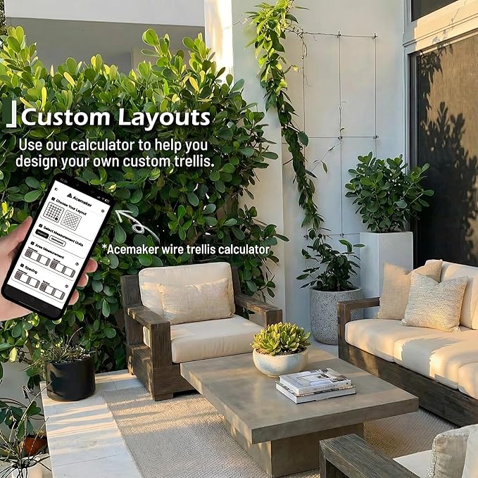 Wire Trellis for Climbing Plants Outdoor 12-Set Wall Wire Trellis Kit with 1/8in x 53ft Stainless Steel Cable T316 Cylindrical Espalier System for Fence and Garden DIY Projects