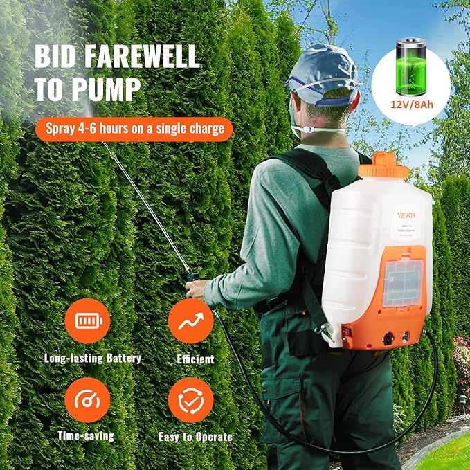 VEVOR Battery Powered Backpack Sprayer 0-90 PSI Adjustable Pressure 4 Gallon Tank Back Pack Sprayer with 8 Nozzles and 2 Wands 12V 8Ah Battery Wide Mouth Lid for Weeding Spraying Cleaning