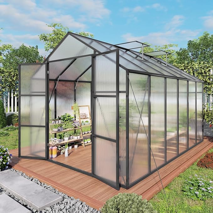 Greenhouse for Outdoors 8x12x7.8FT Polycarbonate Greenhouse with Stronger Wind Protection and Roof Vent Walk-in Large Aluminum Sunroom Winter Proof Black