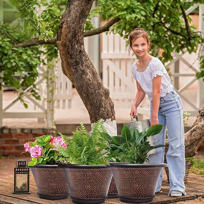 Quarut 12 Inch Pots for Plants4 Pack Large Flower Pots with Drainage Hole &amp SaucerModern Planters for Indoor Outdoor PlantsDecorative Resin Garden Pots Brown