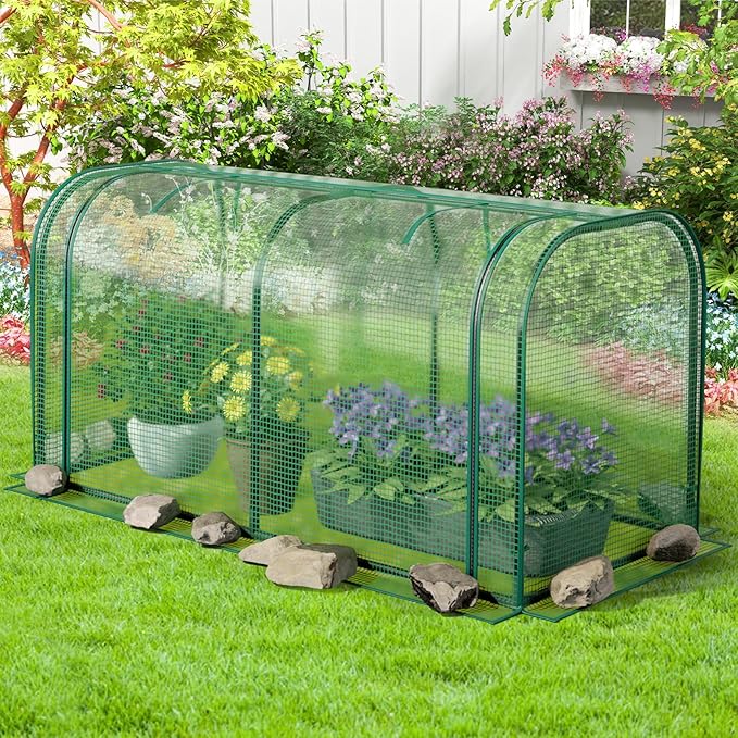 Raised Garden Bed with Greenhouse Waterproof Sun-Protective Green House with Roll-Up Door &amp Electroplated Metal Frame Pine Wood Elevated Planter Box with Drainage Holes (Green+Gray)