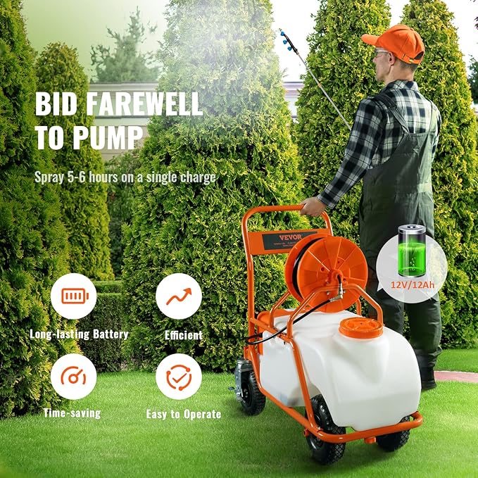 VEVOR Battery Powered 15 Gallon Garden Weed Sprayer with Wheeled Cart 126FT Hose with Reel 8 Nozzles 2 Wands with Lock Trigger 0-90PSI 5-6h Spray Time Wide Mouth Lid Rotating Wheels with Brake