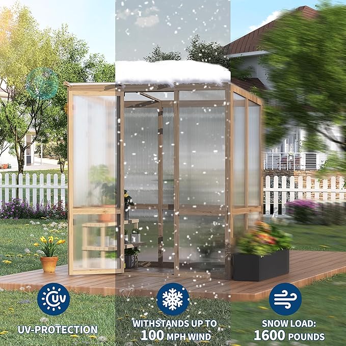 4x6FT Wooden Greenhouse with Cedar Frame Outdoor Wood Greenhouses with Roof Vent Wood and Polycarbonate Walk-in Greenhouse