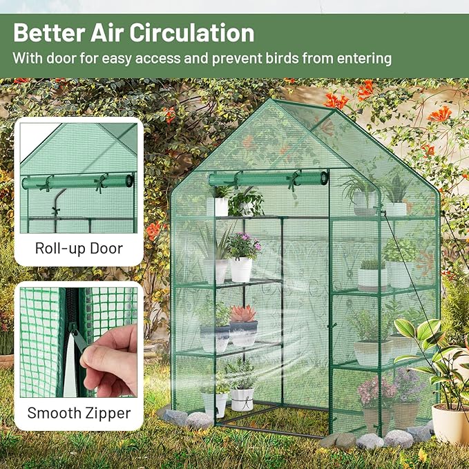 Happygrill Walk-in Greenhouse Potable Greenhouse with Roll-up &amp Zippered Door PE Cover 4 Tier 8 Mesh Shelves for Plants Herb and Flower Greenhouses for Outdoors Patio Lawn Yard 56 x 28x