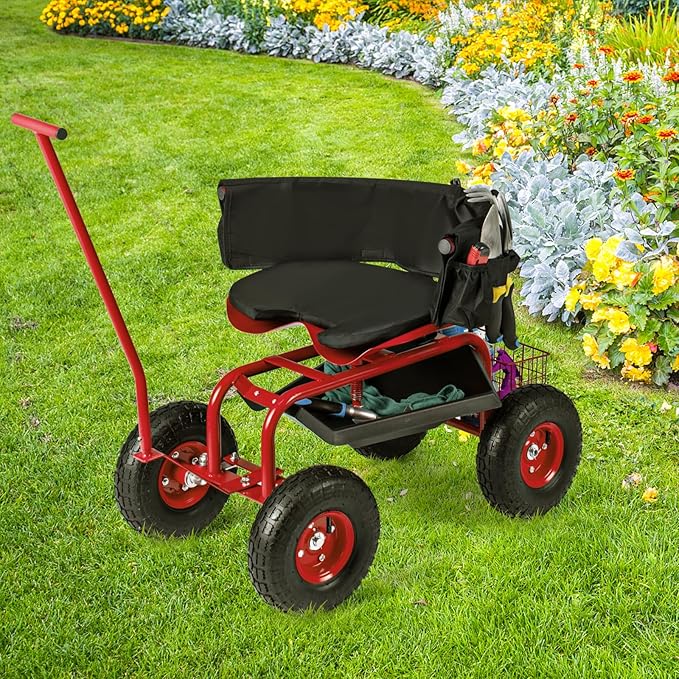 Garden Cart on Wheels 360° Swivel Rolling Outdoor Workseat with Washable Cushion &amp Dual Handles Height Adjustable Garden Stool for Patio Yard (Red)