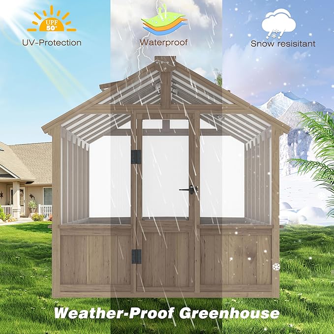 VEIKOU 6' x12' Greenhouses for Outdoors Wooden Greenhouse with Cedar Frame &amp Adjustable Vents  Wood Green House with 6MM Thick Polycarbonate Panel for Garden Backyard Light Brown Mocha