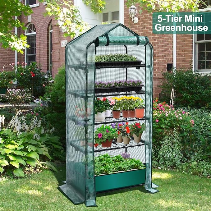 Mini Greenhouse for Indoor Outdoor 5 Tier Shelves Rack Small Green House Heavy Duty with Waterproof Mat Portable Plants Seedling Supplies Durable PE Plastic Cover with Tape Gardening Gifts