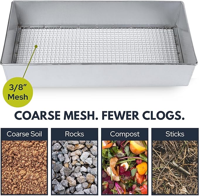 Soil Sifter Wide Size (17.5 x 11.5 inches) with 3/8-inch Mesh Garden Sieve for Dirt Sand Rocks and Compost