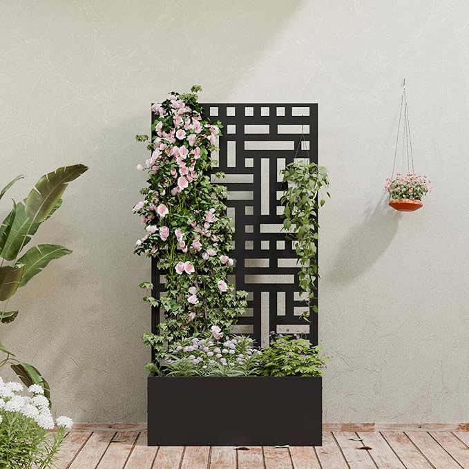 Casaphoria Metal Raised Garden Bed with Trellis 59x30x12 Planter Box for Climbing Plants Vegetables &amp Vines Features Drainage Holes and Privacy Screen (Black-Helen)