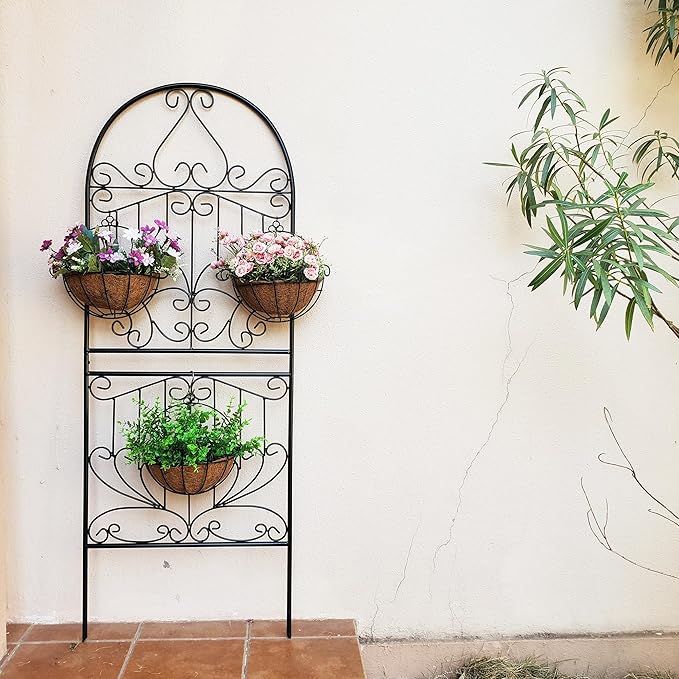 Trellis for Climbing Plants 59 H x 22 W Metal Unique Design Decorative Garden Structure Weather-Resistant Lattice Outdoor Decor Flowers Roses Vine Ivy Clematis Black Coating 1 Pack