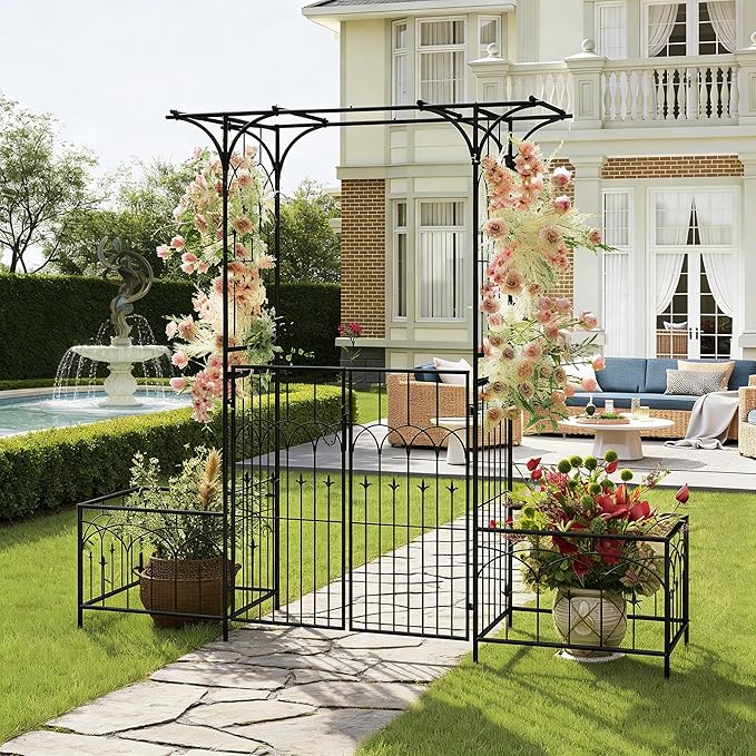 Garden Arbor with Gate and Planter Boxes 79 W x 81 H Metal Garden Arch for Climbing Plants Outdoor Wedding Arches for Ceremony Garden Arbors and Arches for Lawn Patio Backyard