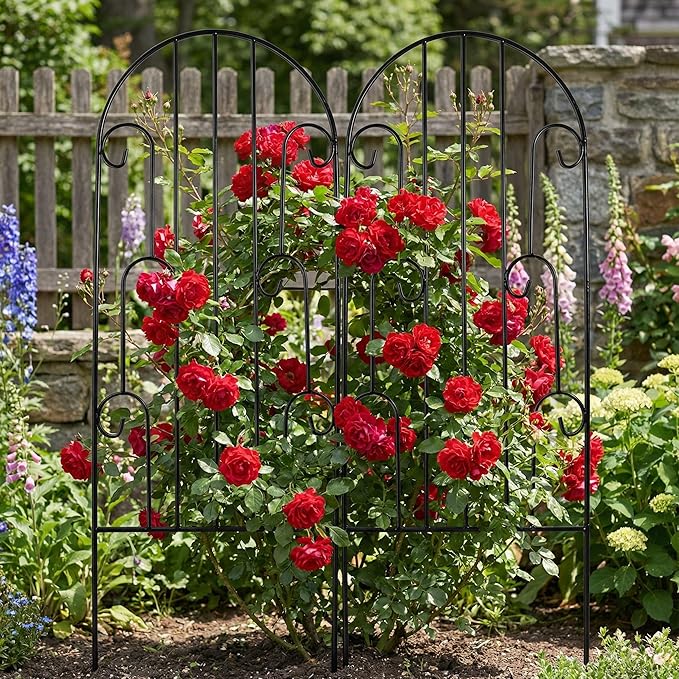 SCENDOR 2 Pack Arched Metal Garden Trellis for Climbing Plants 45 H x 15.9 W – Rustproof Iron Trellis with Decorative Scrollwork Perfect for Roses Clematis Vines and Patio Decor