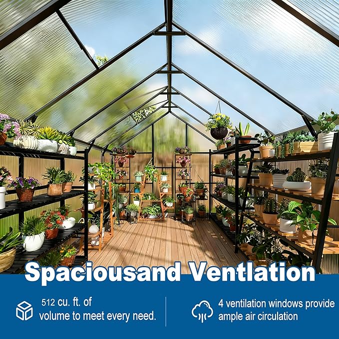8x10 FT Outdoor Greenhouse for Winter Greenhouse Kit with Aluminum Frame Polycarbonate Panels Lockable Door Adjustable Roof Vent Heavy Duty Walk-in Design for Backyard Garden and Patio