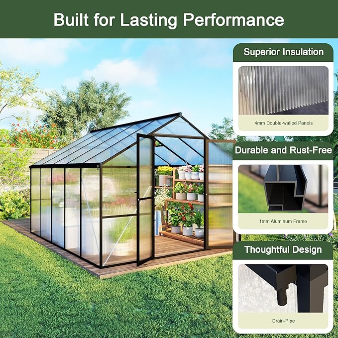 8X10 FT Greenhouses for Outdoors Aluminum Large Polycarbonate Greenhouse Quick Setup Walk in Green House with Roof Vent and Swing Lockable Door for Outside Black (119 W x 96 D x 77 H)