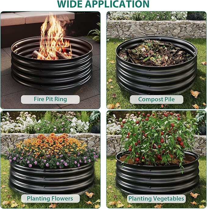 2 PCS 2 x 1ft Round Galvanized Raised Garden Bed Rust Corrosion-Resistant Metal Planter Box with Safe Rubber Edging Easy Assembly Open Bottom for Vegetables Flowers Fruits Herbs Black