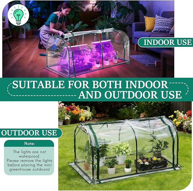 Meonum Mini Greenhouse with Grow Light 51.18 L x 25.59 W x 21.65 H Portable Greenhouses Waterproof UV-Resistant for Indoor/Outdoor Seed Starting(Dome Shape)