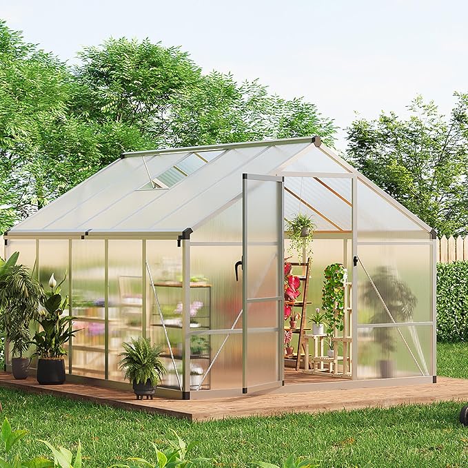 8X10FT Outdoor Greenhouse Aluminum Polycarbonate House Green Houses for Outside with Sliding Doors Ajustable Roof Vent Withstands Bad Weather for Garden or Backyard Silver