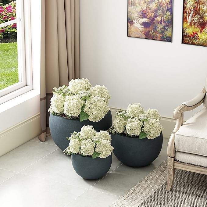 Kante 19.915.711.8 Dia Round Concrete Planter Set of 3 Outdoor/Indoor Large Bowl Plant Pots with Drainage Hole and Rubber Plug for Garden Patio Balcony Home Dark Gray