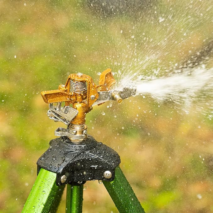 Hourleey Impact Sprinkler on Tripod Base 2 Pack Heavy Duty Sprinklers for Lawn Yard Garden 0-360 Degree Large Area Coverage 3/4 Inch Connector Extension Legs Flip Locks with Brass Head
