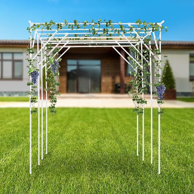 Metal Pergola Arbor Garden Arch Trellis for Climbing Plants 9.84 * 6.56 * 7.55ft Large Tall Trellis Plants Support for Climbing Vine Vegetable Fruit Flower Wedding Party (White Style A)