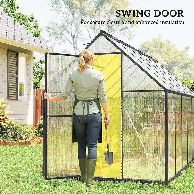 Outsunny 11x6 ft Polycarbonate Greenhouse with Swing Door and Two Adjustable Roof Vents Aluminum Walk-in Greenhouse Outdoor Greenhouse for Patio Garden Backyard Black