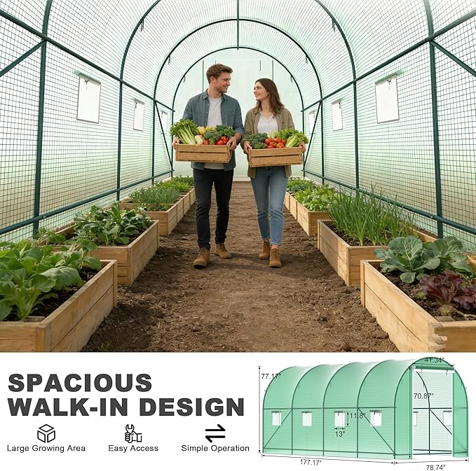 Greenhouses for Outdoors Walk-in Green Houses for Outside Heavy Duty Large Greenhouse with 8 Ventilated Screen Windows &amp 2 Roll-up Doors &amp Reinforced Frame (15×7×7 FT with Irrigation System)