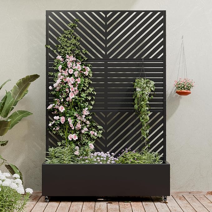 Casaphoria Metal Raised Garden Bed with Trellis and Wheels 72x47x16 Planter Box for Climbing Plants Vegetables &amp Vines Features Drainage Holes and Privacy Screen Black(Parallel&ampLouvered