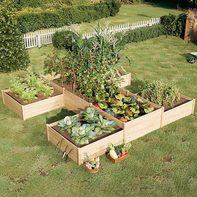 AMERLIFE 12x12x2 FT Wooden Raised Garden Bed H-Shaped Planter Box with Double-Layer Design 180 Cu. Ft Capacity for Outdoor Patio &amp Backyard