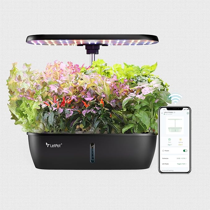 LetPot LPH-Lite Hydroponics Growing System 12 Pods Smart Herb Garden Kit Indoor Indoor Garden APP &amp WiFi Controlled with 24W Growing LED 5.5L Water Tank Pump System Automatic Timer