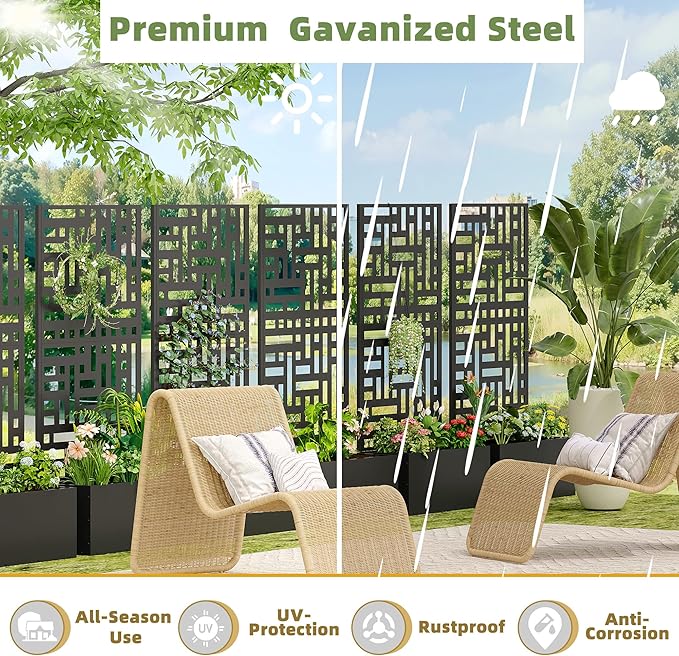 Casaphoria Metal Raised Garden Bed with Trellis 59x30x12 Planter Box for Climbing Plants Vegetables &amp Vines Features Drainage Holes and Privacy Screen (Black-Helen)