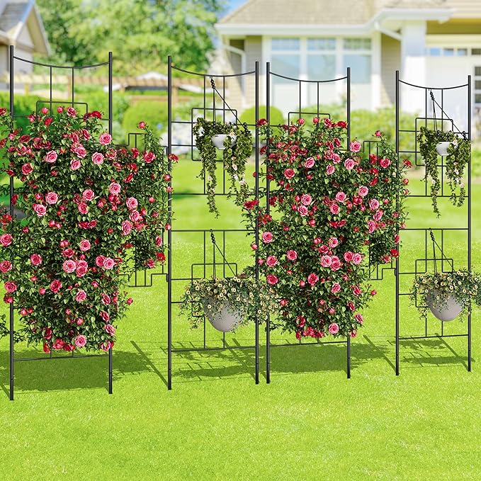 5.5 FT Black Metal Garden Trellis (51 x 66) – Rustproof Large Arch Trellis for Climbing Roses Vegetables Vines &amp Flowers – Outdoor Plant Support &amp Privacy Screen 4 PCS